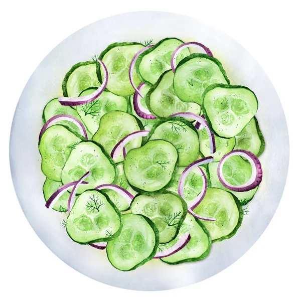 Salad Cucumber Onions Dill Watercoloron Plate Homemade Food Top View — Φωτογραφία Αρχείου