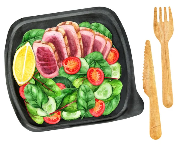 Saláta Pörkölt Tonhal Szeletekkel Friss Zöldség Műanyag Csomagolásban Fehér Alapon — Stock Fotó