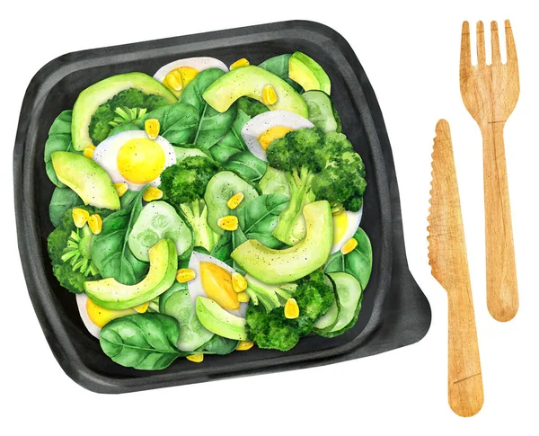Vegetable Salad Boiled Egg Avocado Plastic Packaging White Background Proposal — Photo