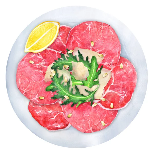 Marmoriertes Rindfleisch Carpaccio Mit Rucola Parmesan Und Zitrone Ansicht Von — Stockfoto