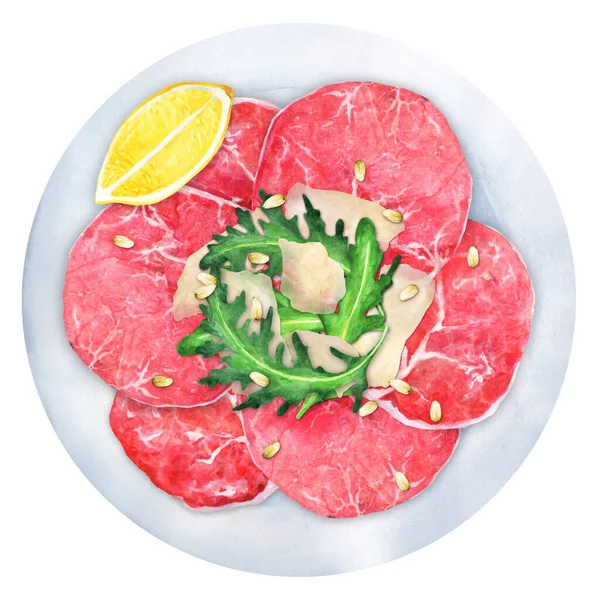 Marbled Beef Carpaccio Arugula Parmesan Cheese Lemon Top View Italian — ストック写真