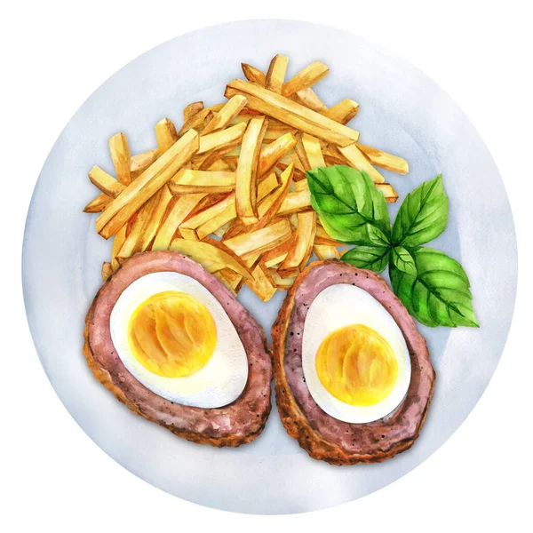 Scottish Eggs Deep Fried French Fries White Plate Traditional British — стокове фото