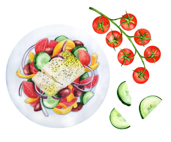 Greek Salad Feta Cheese Various Seasonings Cherry Tomatoes Cucumbers Isolated — Fotografia de Stock