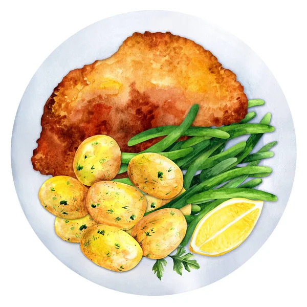 German Pork Schnitzel Boiled Potatoes Green Beans Served Plate Lemon — Stock Photo, Image