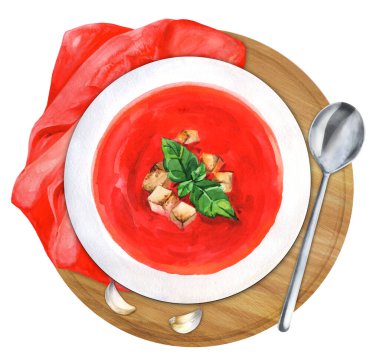 Yuvarlak tahta üzerinde gazpacho çorbası. Geleneksel İspanyol çorbası. Üst Manzara. Suluboya el çizimi çizimi. Menü ve yemek kitabı, restoran için uygun