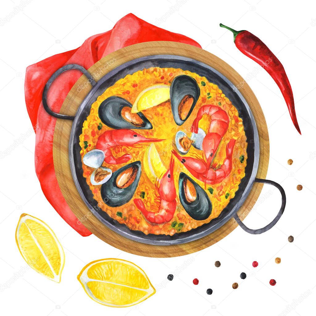 Classic dish of Spain, seafood paella in traditional pan on a wooden board. Top view. Watercolor hand drawn illustration. Suitable for menu and cookbook, restaurant