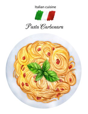 Italian pasta carbonara with bacon, egg and parmesan on white plate. Traditional Italian dish. Hand-drawn watercolor illustration. Suitable for menus and cookbook, restaurant