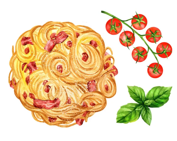 Pasta Carbonara Bacon Isolated Background Cherry Tomatoes Basil Hand Drawn — Zdjęcie stockowe