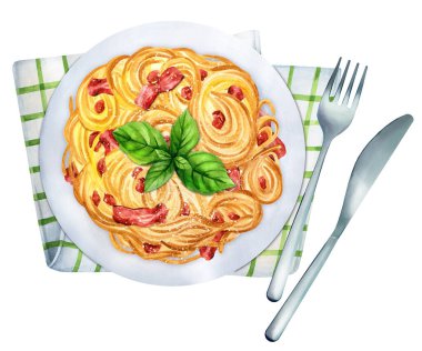 Carbonara pasta on a plate in a traditional restaurant setting.Top view. Italian dish. Hand-drawn watercolor illustration. Suitable for menus and cookbook, restaurant