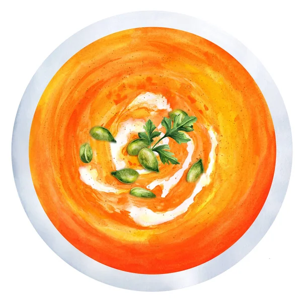 Vegetarian Autumn Pumpkin Cream Soup Seeds Top View Hand Drawn — Stok fotoğraf