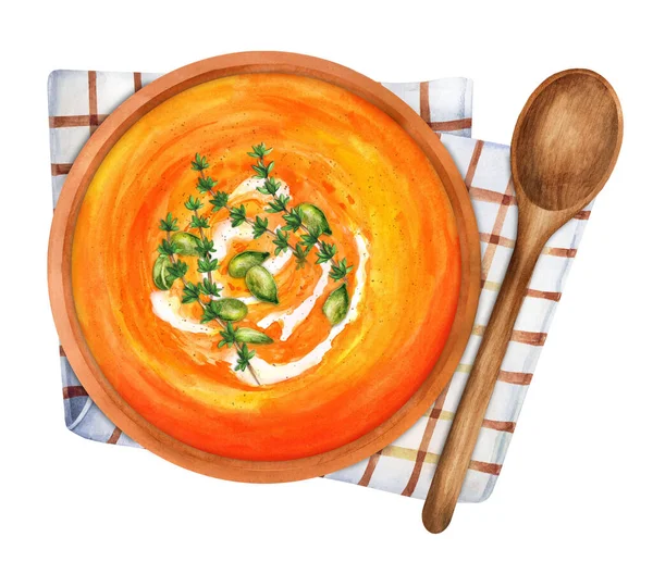 Pumpkin Cream Soup Ceramic Bowl Wooden Spoon Country Style Hand — 스톡 사진