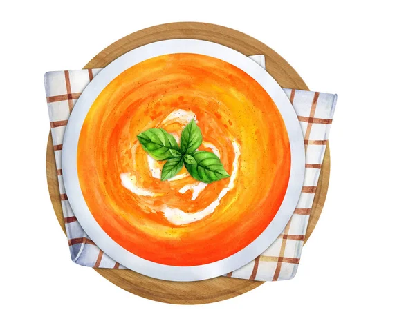 Pumpkin Carrot Soup Cream Basil Rustic Top View Hand Drawn — Stockfoto