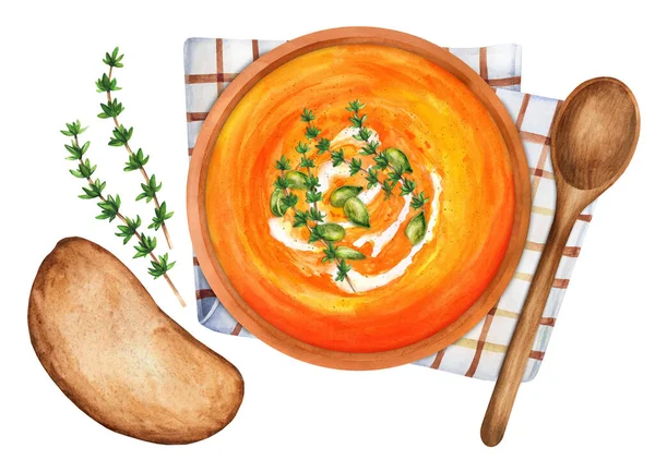 Pumpkin Cream Soup Ceramic Bowl Wooden Spoon Served Bread Hand — Zdjęcie stockowe
