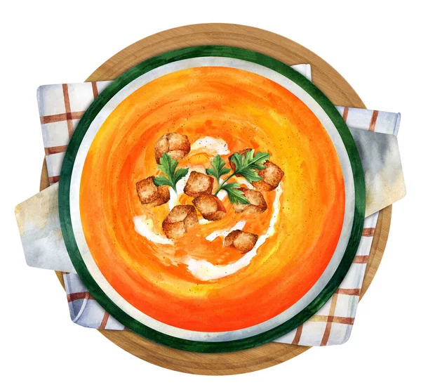 Pumpkin Carrot Soup Cream Parsley Top View Hand Drawn Watercolor — Stok fotoğraf