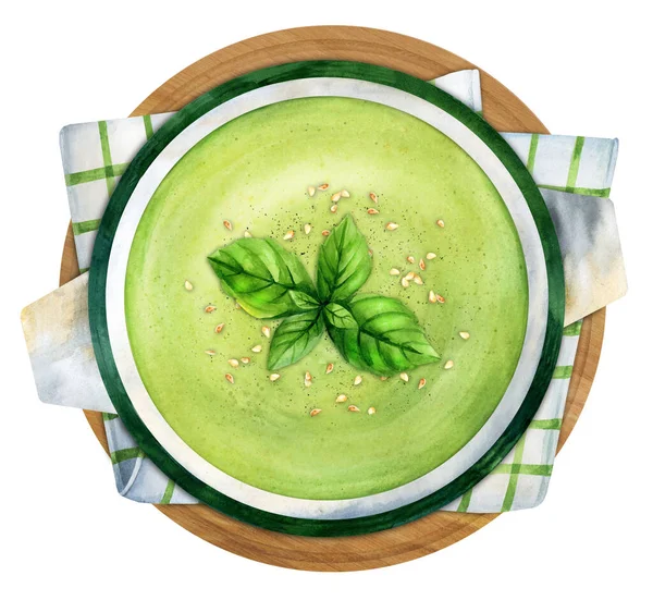 Green Vegetable Soup Decorated Basil Sesame Seeds Ceramic Bowl Top — Zdjęcie stockowe