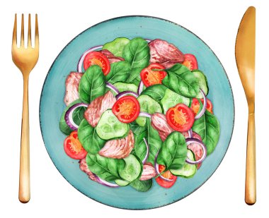 Salad with canned tuna and vegetables on a white plate. Top view. Hand painted watercolor hand drawn illustration. Suitable for menu and cookbook.  