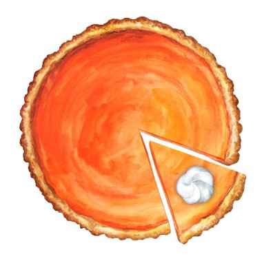 Traditional american pumpkin pie on a white isolated background. Top view. Suitable for restaurant menu design, flyers and cookbook. Illustration watercolor