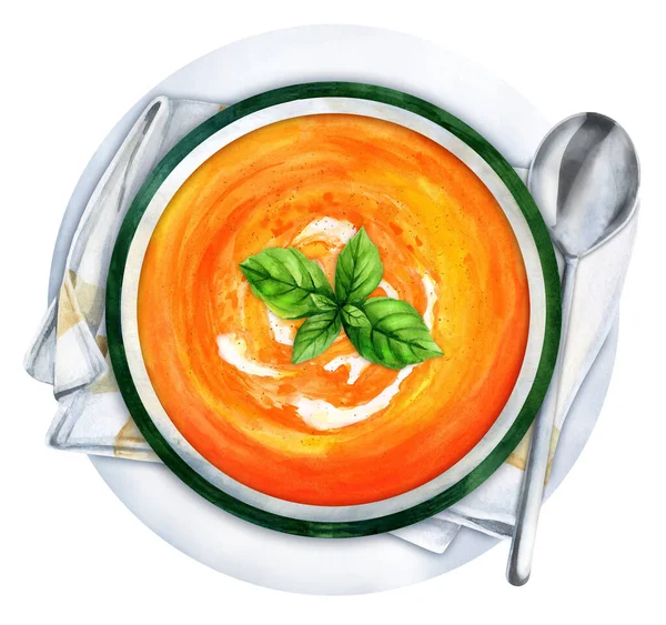 Pumpkin Cream Soup Cream Basi Top View Hand Drawn Watercolor — Stock Fotó
