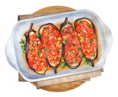 Stuffed eggplant with tomatoes in a baking dish on a wooden board. Healthy vegetarian food. Watercolor hand drawn illustration. Suitable for menu and cookbook, restaurant. Top view.