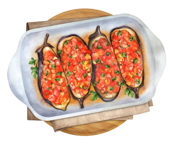 Stuffed Eggplant Tomatoes Baking Dish Wooden Board Healthy Vegetarian Food — ストック写真