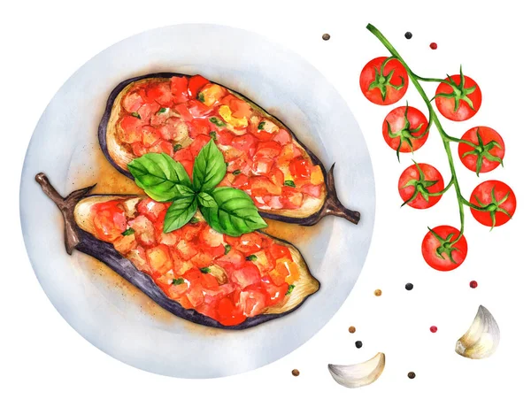 Baked Eggplant Tomatoes Basil Isolated White Background Watercolor Hand Drawn — Fotografia de Stock