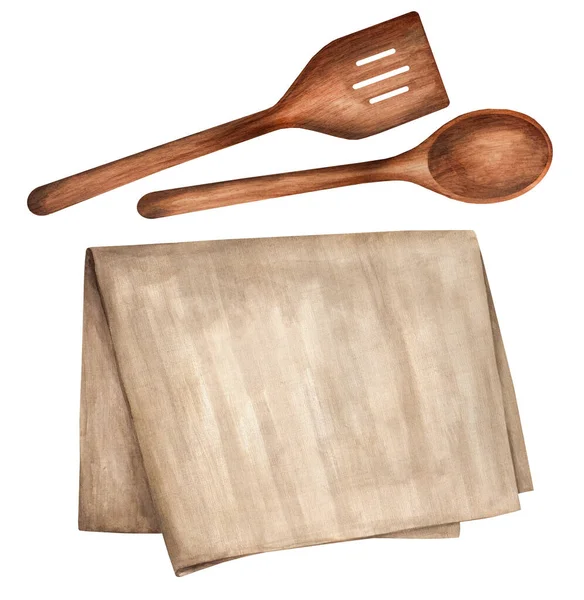 Linen Napkin Wooden Spatula Spoon White Isolated Background Linen Towel — Fotografia de Stock