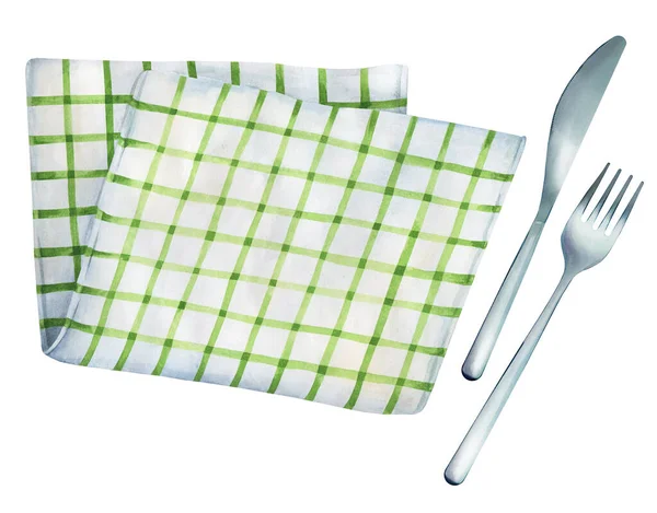 Green Checkered Napkin Knife Fork White Isolated Background Cotton Napkin — Stok Foto