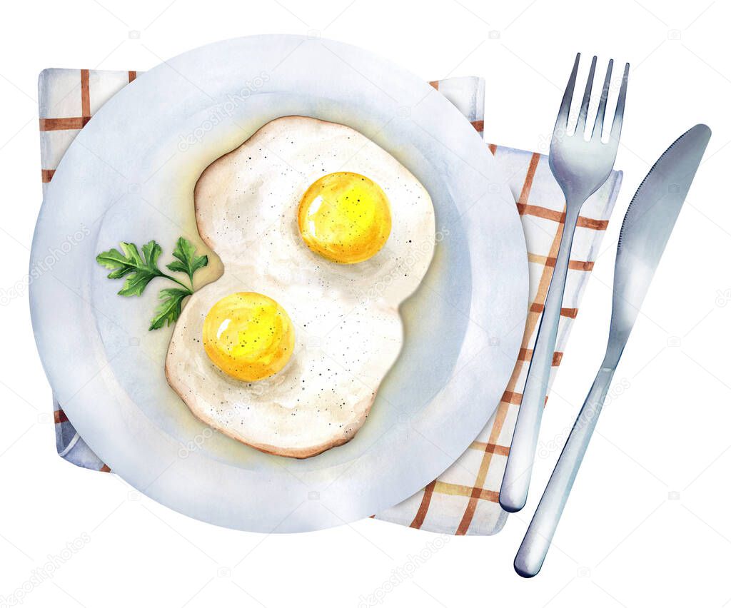 Two fried eggs on a white plate with a knife and fork. Top view. Watercolor hand drawn illustration. Suitable for menu, cookbook and restaurant