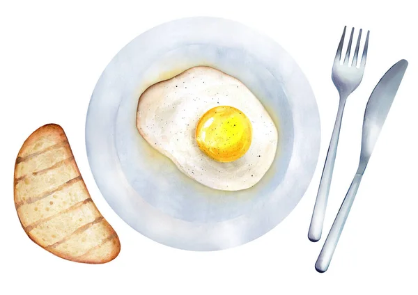 Смажене Яйце Тарілці Підсмаженим Хлібом Білому Ізольованому Фоні Здоровий Сніданок — стокове фото