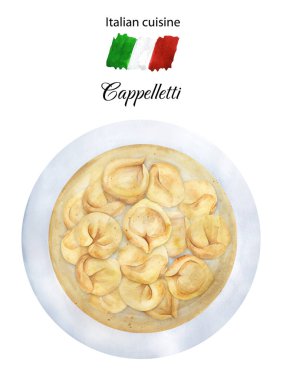 Soup cappelletti or tortellini brodo in white plate. Italian cuisine. Top view. Italian dish. Hand-drawn watercolor illustration. Suitable for menus and cookbook, restaurant