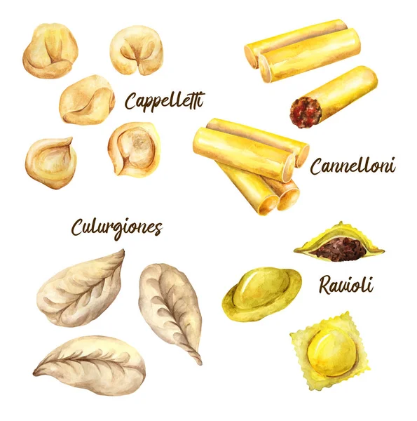 Different Types Homemade Pasta Stuffing Cappelletti Tortellin Ravioli Ulturgions Cannelloni — Fotografia de Stock