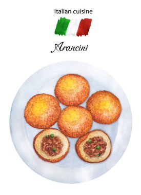 Classic Italian arancini on a white plate. Top view. Italian dish. Hand-drawn watercolor illustration. Suitable for menus and cookbook, restaurant