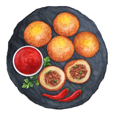 Fried arancini, rice balls with minced meat, served with hot sauce on a slate board. Top view. Italian dish. Hand-drawn watercolor illustration. Suitable for menus and cookbook, restaurant