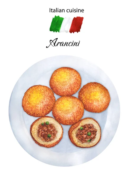 Classic Italian Arancini White Plate Top View Italian Dish Hand — Stockfoto