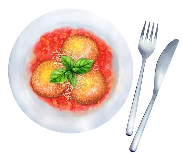 Fried Arancini Rice Balls Tomato Sauce Marinara White Plate Top — Photo