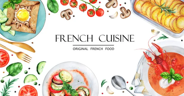 Banner French Cuisine Set French Dishes Food Snack Menu Design — Stockfoto