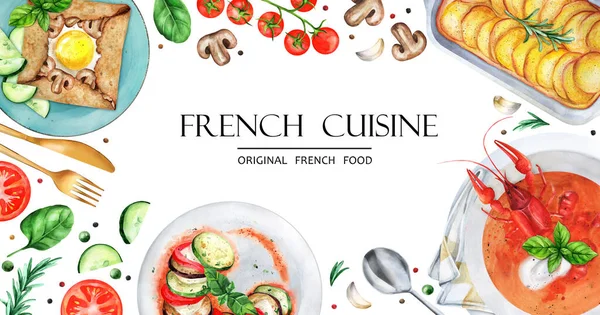 Banner  French cuisine. Set of  French dishes. Food and snack menu design template. Hand-drawn watercolor illustration. Suitable for menus and cookbook, restaurant