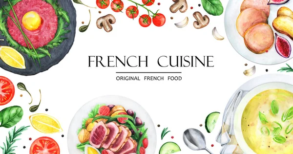Banner French Cuisine Set French Dishes Food Snack Menu Design — стокове фото