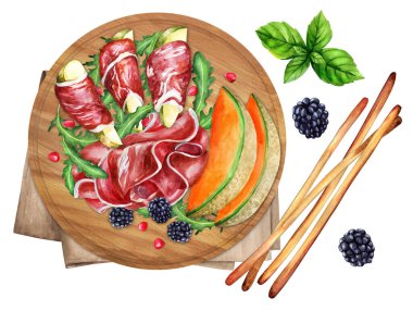 Italian appetizer of prosciutto, melon slices, pear and fruit on a wooden board. Traditional italian appetizer. Top view. Hand-drawn watercolor illustration. Suitable for menus and cookbook, restaurant