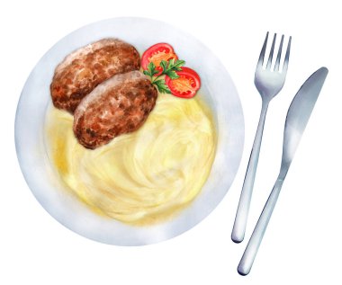 Beyaz tabakta patates püresi, maydanoz ve kiraz domatesli pirzola. Üst Manzara. Suluboya el çizimi çizimi. Menü ve yemek kitabı için uygun