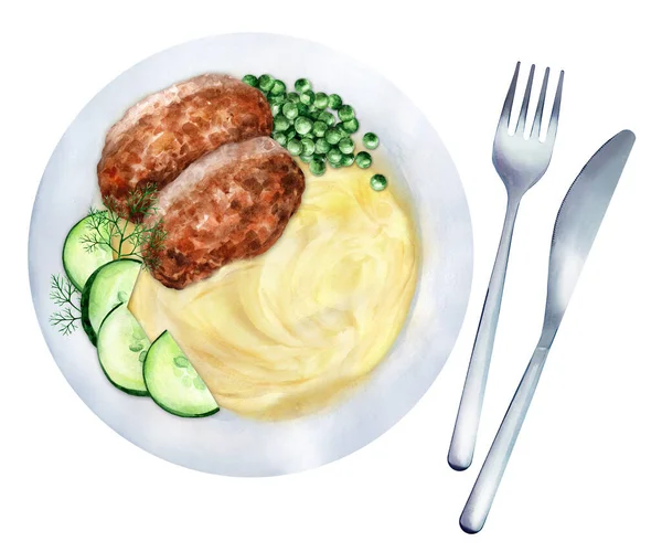 Cutlets Mashed Potatoes Peas Cucumbers White Plate Top View Watercolor — Stock Photo, Image