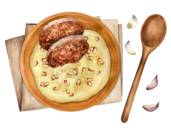 Kartoffelbrei Mit Schnitzeln Und Gebratenen Zwiebeln Einer Keramikschüssel Mit Einem — Stockfoto