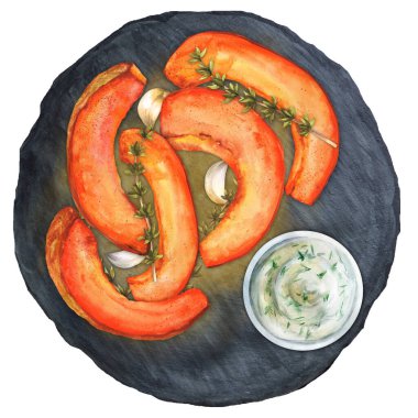 Siyah taş bir tabakta fırında kabak parçaları, otlar ve sos. Sonbahar menüsü. Üst Manzara. Suluboya el çizimi çizimi. Menüler, restoranlar ve yemek kitabı için uygun