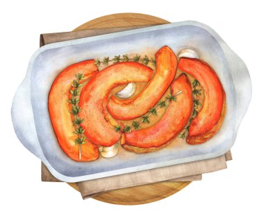 Beyaz bir kapta sarımsaklı balkabağı ve otlar. Sonbahar sebze yemekleri. Suluboya el çizimi çizimi. Menü, yemek kitabı ve restoran için uygun. Üst görünüm.