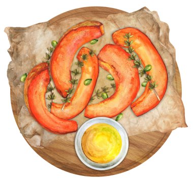 Tahta bir tahtanın üzerinde kekik ve bal ile fırında balkabağı dilimleri. Sonbahar menüsü. Üst Manzara. Suluboya el çizimi çizimi. Menüler, restoranlar ve yemek kitabı için uygun