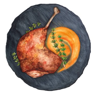 Kızarmış ördek bacağı, balkabağı püresi ve siyah arka planda kekik karışımı. Fransız mutfağı, Confit de Canard. Üst Manzara. Suluboya el çizimi çizimi. Menü ve yemek kitabı için uygun.
