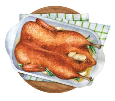 Fırında kızartılmış noel ördeği ve biberiye. Kırsal tarzda. Üst Manzara. Suluboya el çizimi çizimi. Menü, restoran ve yemek kitabı için uygun.