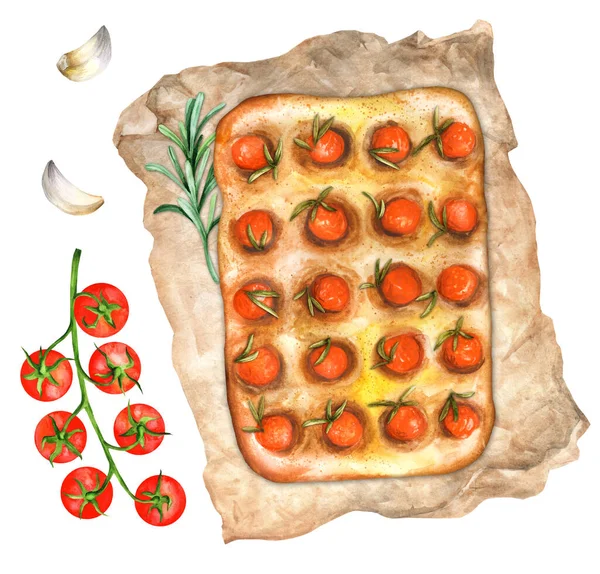 Włoski Chleb Focaccia Rozmarynem Czosnek Pomidory Wiśniowe Papierze Ręcznie Rysowana — Zdjęcie stockowe