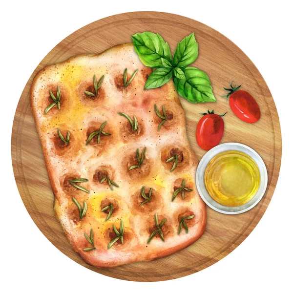 Biberiyeli Talyan Focaccia Ekmeği Ahşap Arka Planda Zeytinyağı Yapımı Suluboya — Stok fotoğraf