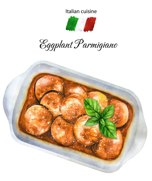 意大利传统的烤茄子加奶酪 Parmigiana Melanzane 手绘水彩画 适用于菜单 食谱和餐厅 顶部视图 — 图库照片